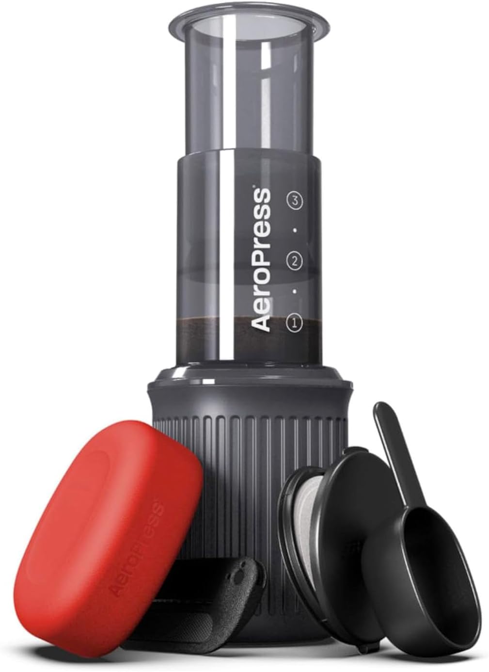 Aeropress Go Portable Travel Coffee Press Kit, 1-3 Cups in a Minute, Coffee, Espresso, & Cold Brew Maker, Manual Coffee Making Machine for Travel, Includes Mug & Lid, Grey