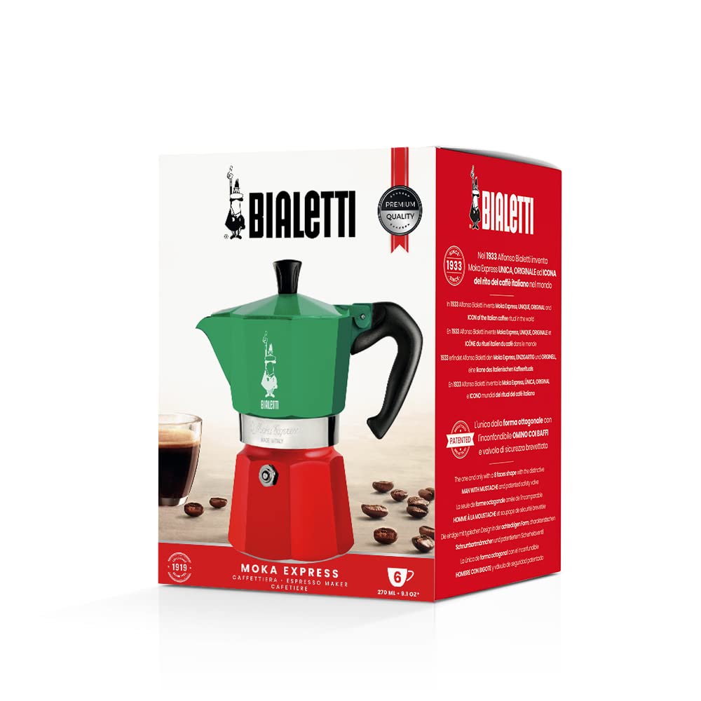 Bialetti Moka Express Italia Collection (Tricolor), 3 cup coffee maker, Aluminum, Green/Red