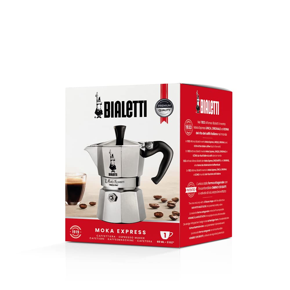 Bialetti Moka Express Aluminium Stovetop Coffee Maker (2 Cup), 8x11x11 cm, Silver