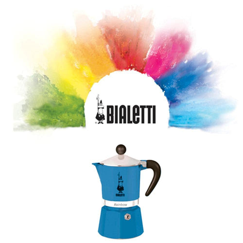A blue Bialetti moka pot espresso maker shown below a large white circular logo area with a colorful watercolor burst behind it on a white background.