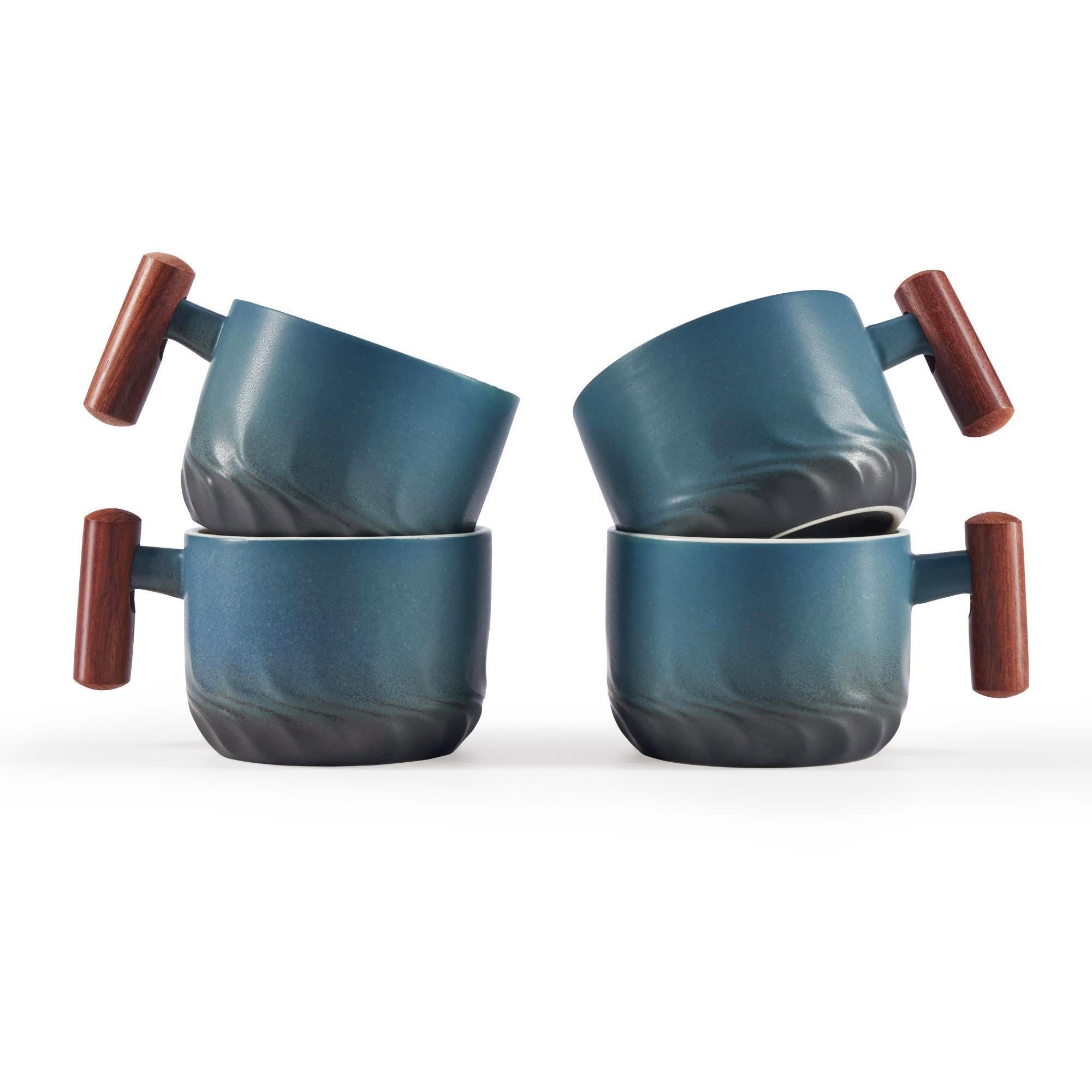 Ceramic Espresso Mugs with Wooden Handle – 170ml (Set of 4)