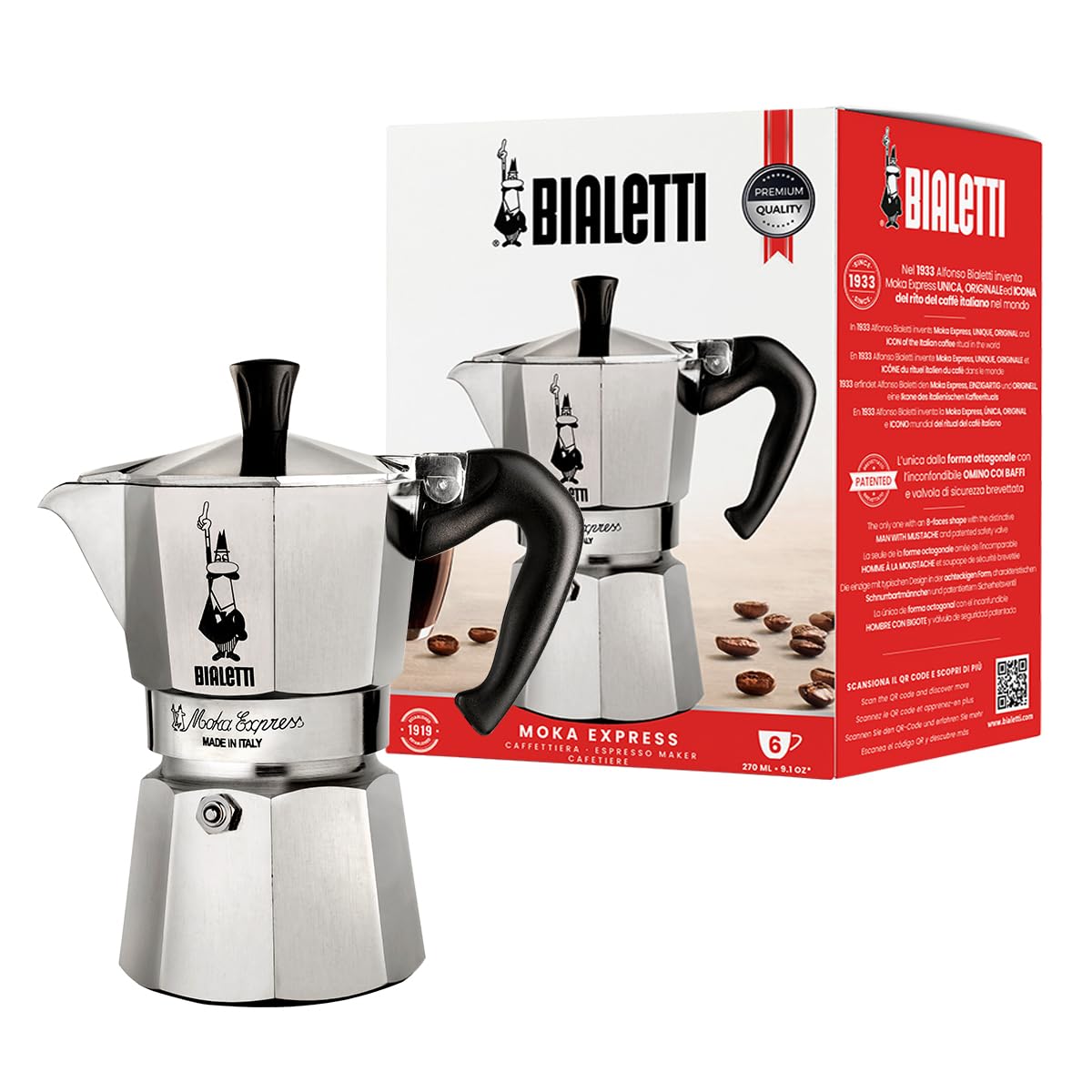 Bialetti Moka Express Aluminium Stovetop Coffee Maker (2 Cup), 8x11x11 cm, Silver