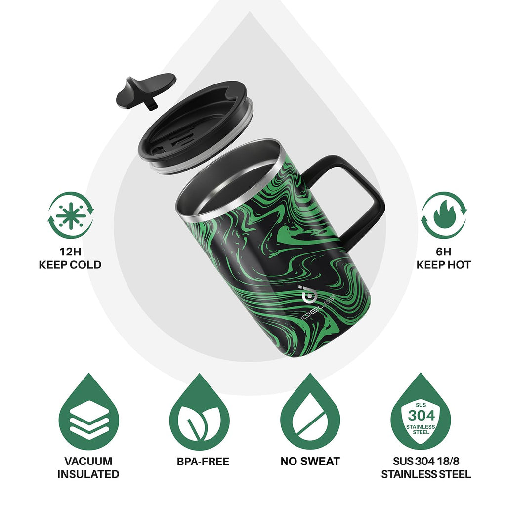 Ideus 16oz Insulated Coffee Mug with Handle & Lid – Double Wall Stainless Steel Vacuum Tumbler | Travel Coffee Cup for Home & Office | Leopard Black