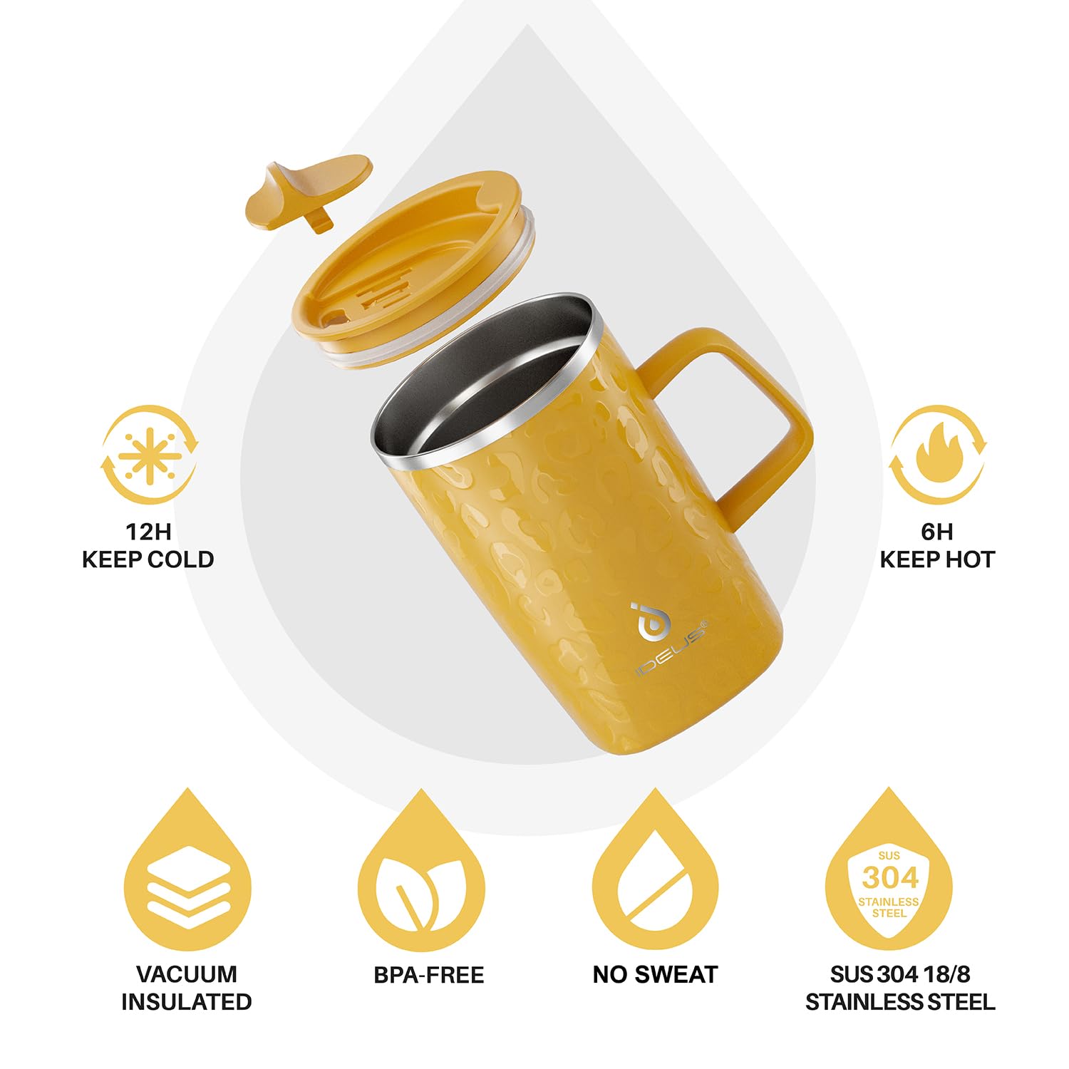 Ideus 16oz Insulated Coffee Mug with Handle & Lid – Double Wall Stainless Steel Vacuum Tumbler | Travel Coffee Cup for Home & Office | Leopard Black