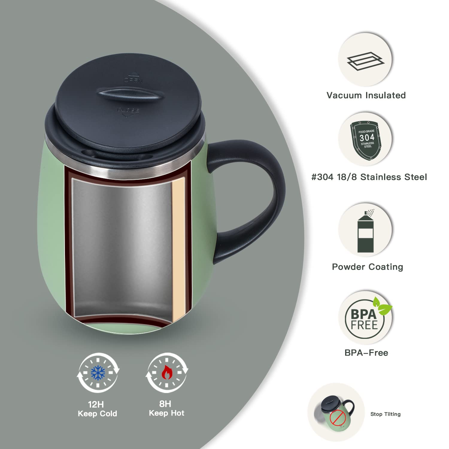 Ideus 16oz Insulated Coffee Mug with Handle & Lid – Double Wall Stainless Steel Vacuum Tumbler | Travel Coffee Cup for Home & Office | Leopard Black