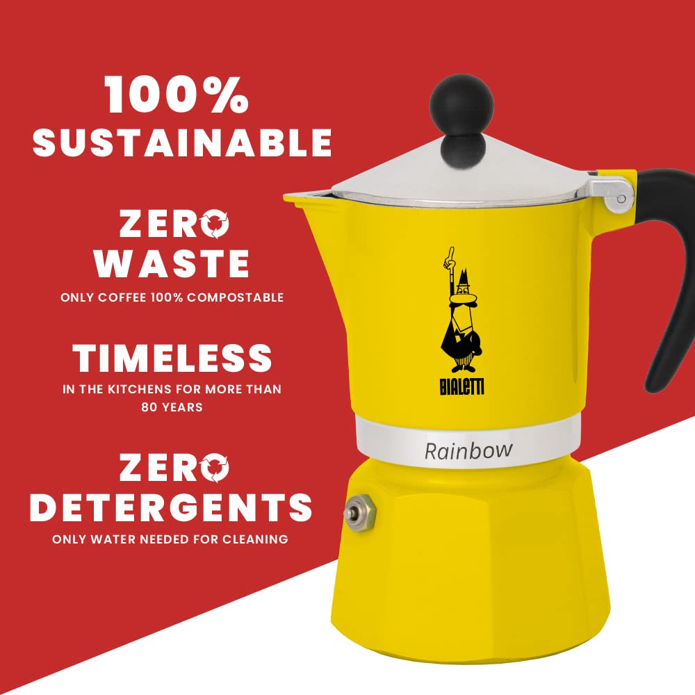 Bialetti Rainbow Caffettiera Colorata, Alluminio, Giallo, 3 Tazze