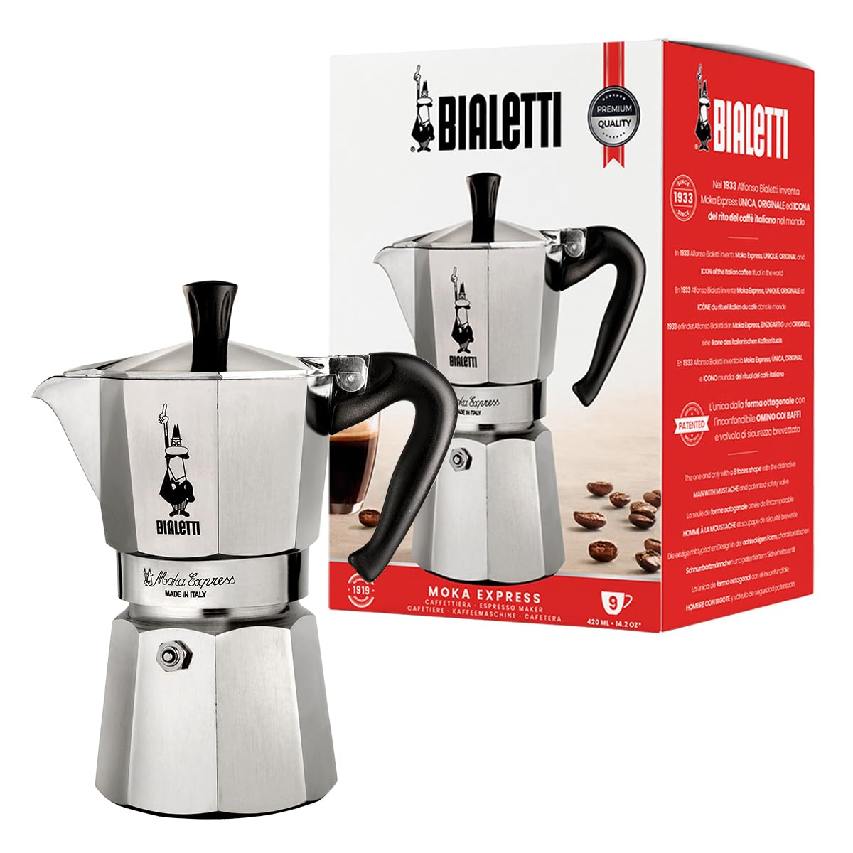 Bialetti Moka Express Aluminium Stovetop Coffee Maker (2 Cup), 8x11x11 cm, Silver