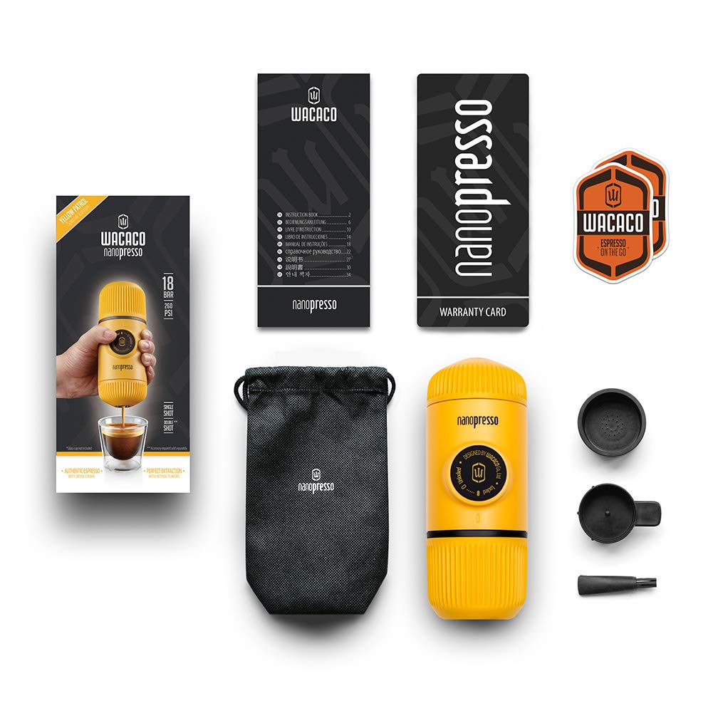 WACACO Nanopresso Portable Espresso Maker, Upgrade Version of Minipresso, 18 Bar Pressure, Yellow Patrol Edition, Small Travel Coffee Maker, Manually Operated, Compatible with Ground Coffee