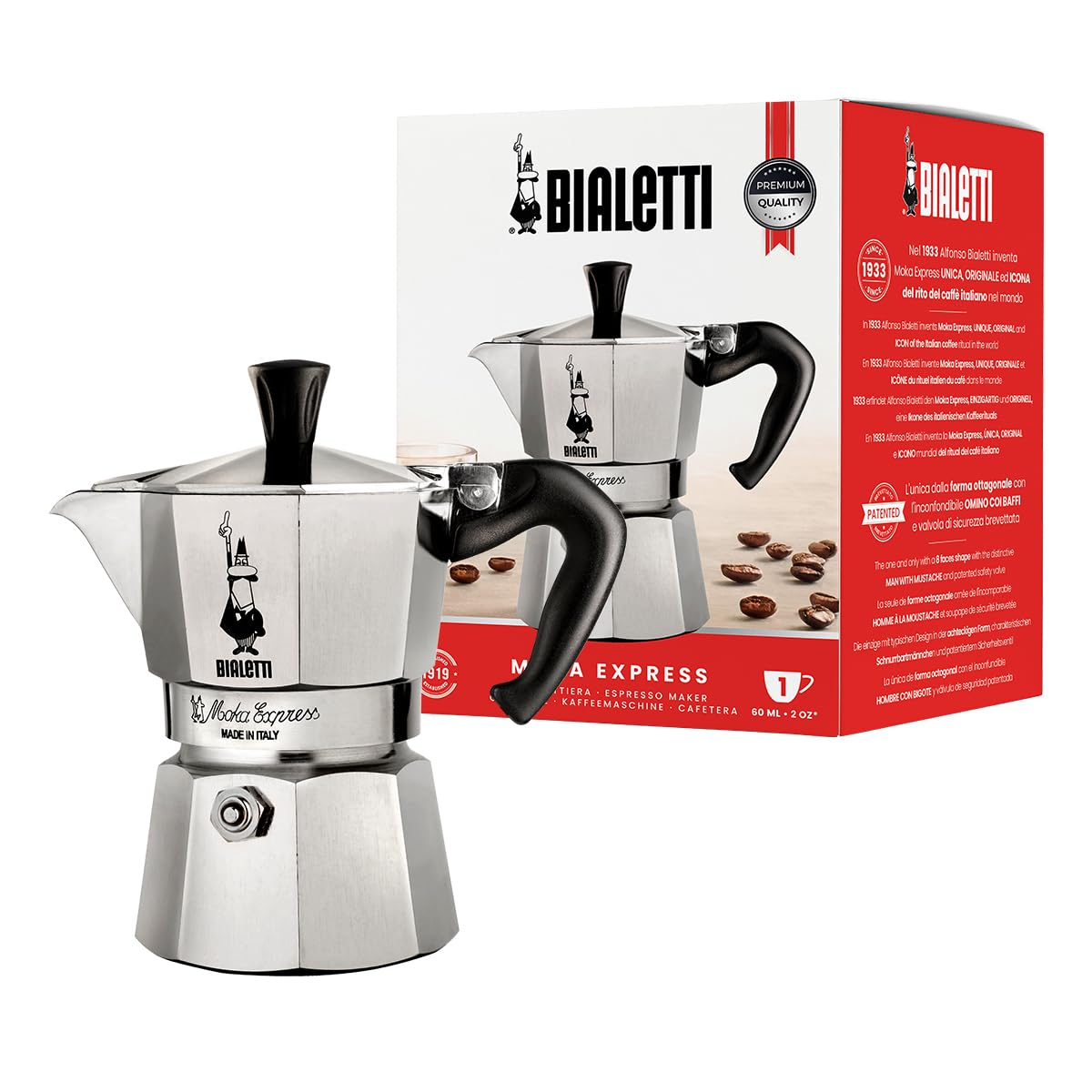 Bialetti Moka Express Aluminium Stovetop Coffee Maker (2 Cup), 8x11x11 cm, Silver