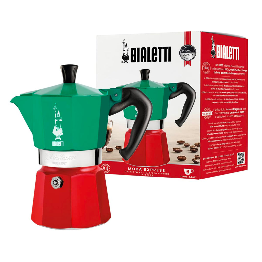 Bialetti Moka Express Italia Collection (Tricolor), 3 cup coffee maker, Aluminum, Green/Red