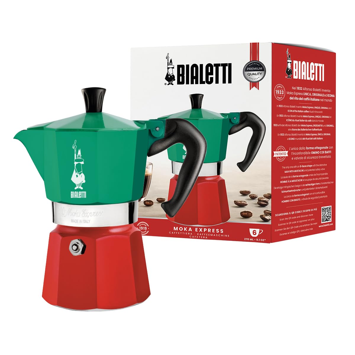 Bialetti Moka Express Italia Collection (Tricolor), 3 cup coffee maker, Aluminum, Green/Red