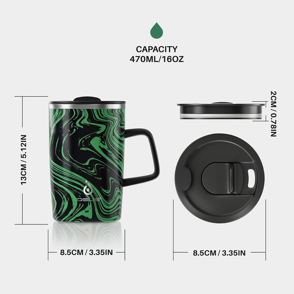 Ideus 16oz Insulated Coffee Mug with Handle & Lid – Double Wall Stainless Steel Vacuum Tumbler | Travel Coffee Cup for Home & Office | Leopard Black