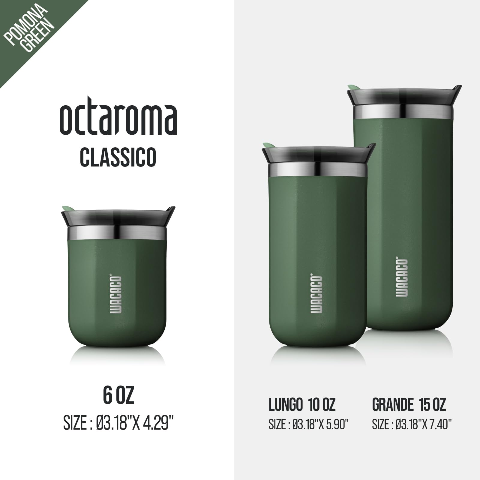 WACACO Octaroma Classico Vacuum Insulated Travel Mug – Double-Wall Stainless Steel Tumbler with Lid | 6 fl oz / 10 fl oz / 15 fl oz | Multiple Colours