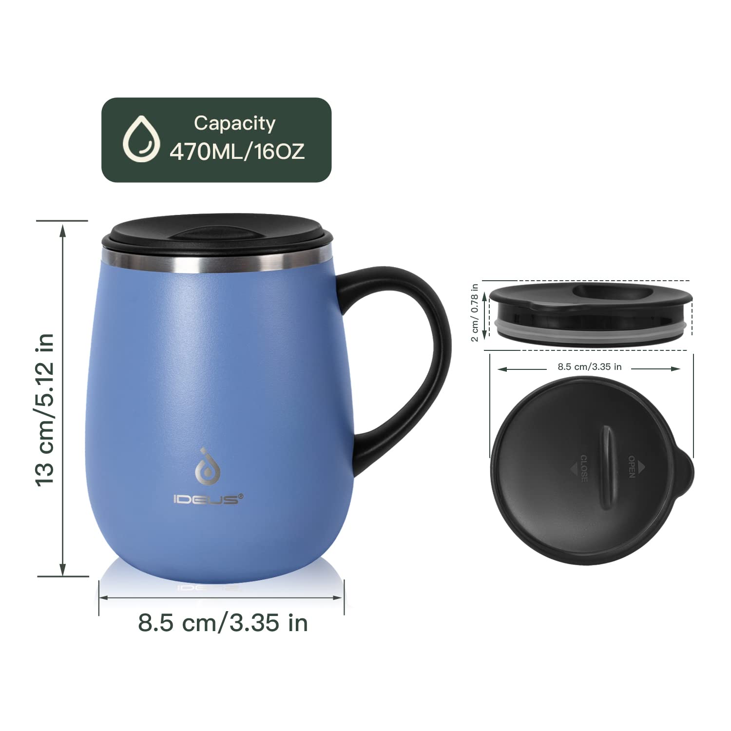 Ideus 16oz Insulated Coffee Mug with Handle & Lid – Double Wall Stainless Steel Vacuum Tumbler | Travel Coffee Cup for Home & Office | Leopard Black