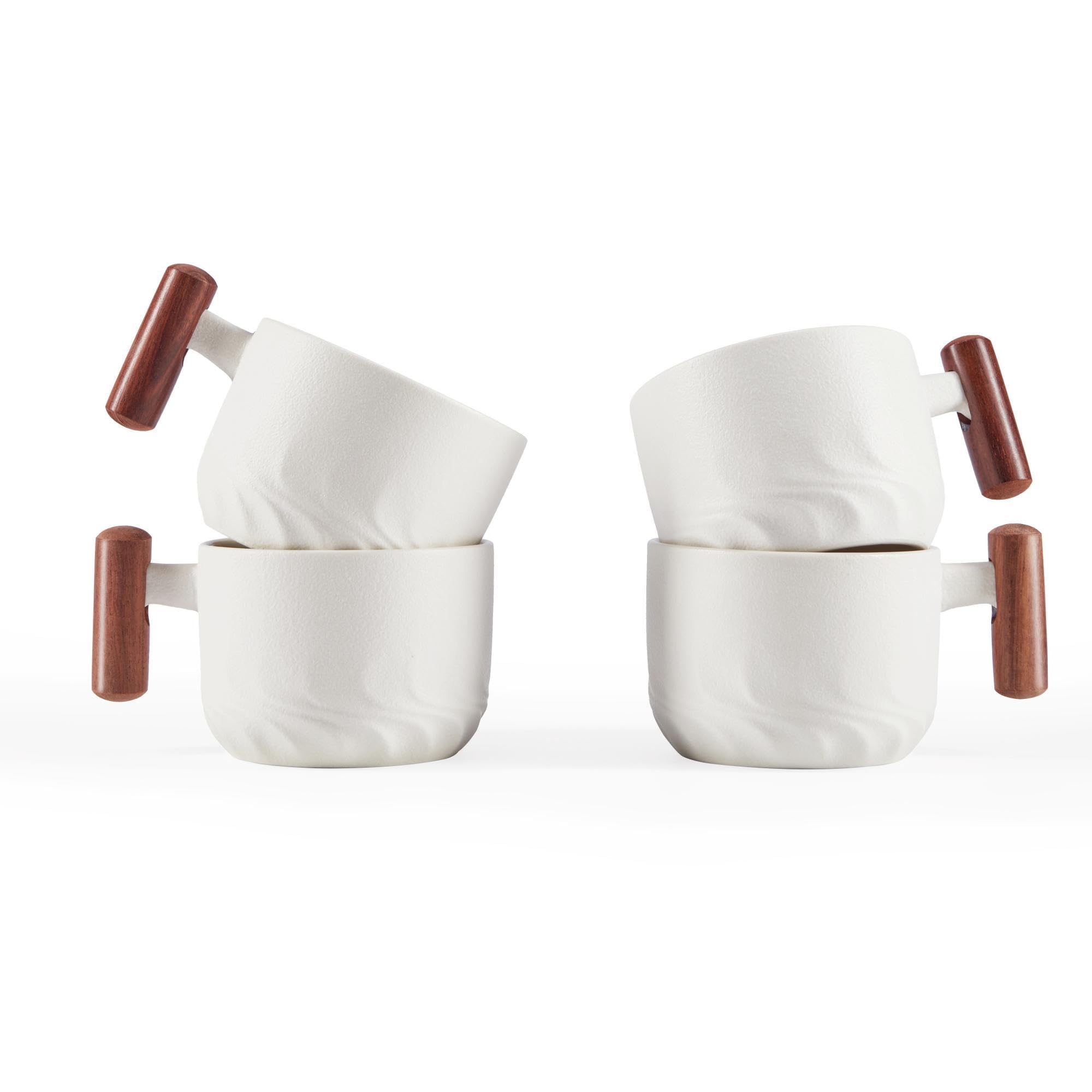 Ceramic Espresso Mugs with Wooden Handle – 170ml (Set of 4)