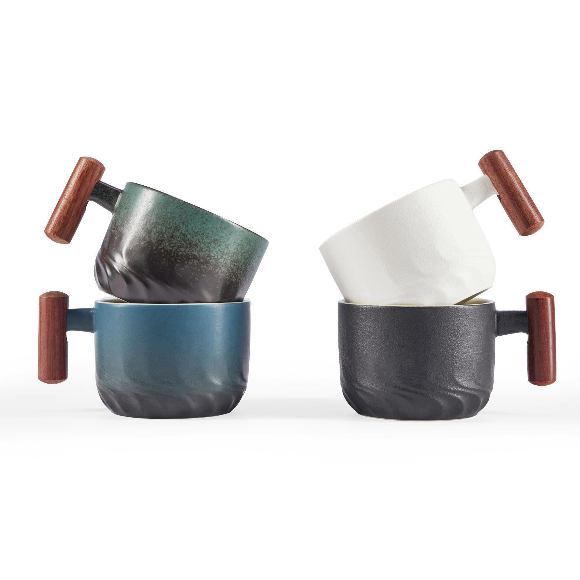 Ceramic Espresso Mugs with Wooden Handle – 170ml (Set of 4)