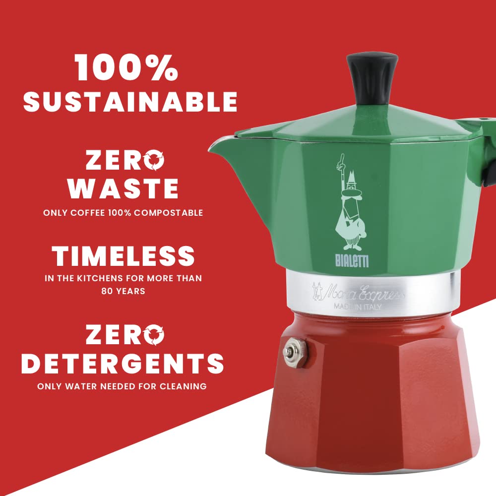 Bialetti Moka Express Italia Collection (Tricolor), 3 cup coffee maker, Aluminum, Green/Red