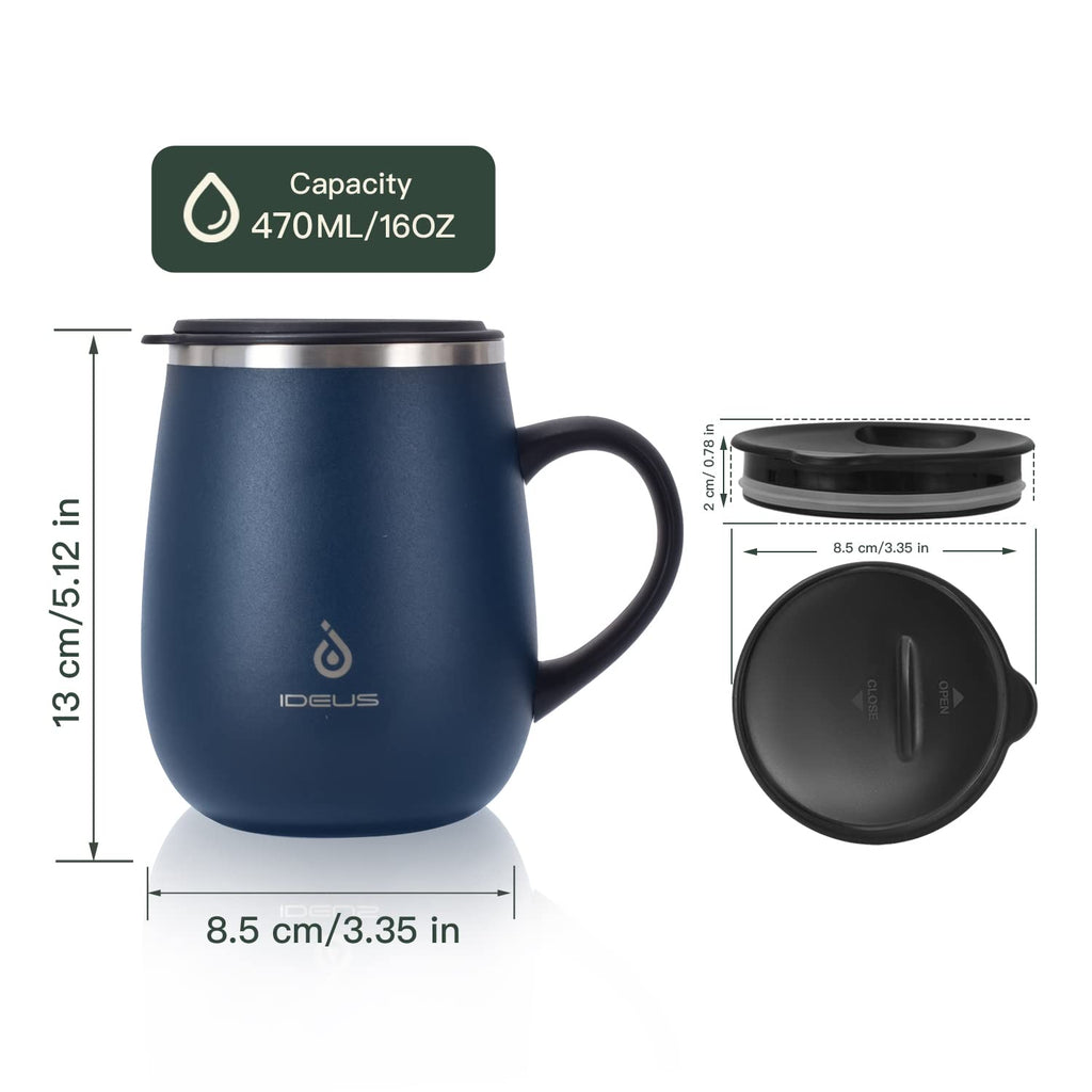 Ideus 16oz Insulated Coffee Mug with Handle & Lid – Double Wall Stainless Steel Vacuum Tumbler | Travel Coffee Cup for Home & Office | Leopard Black