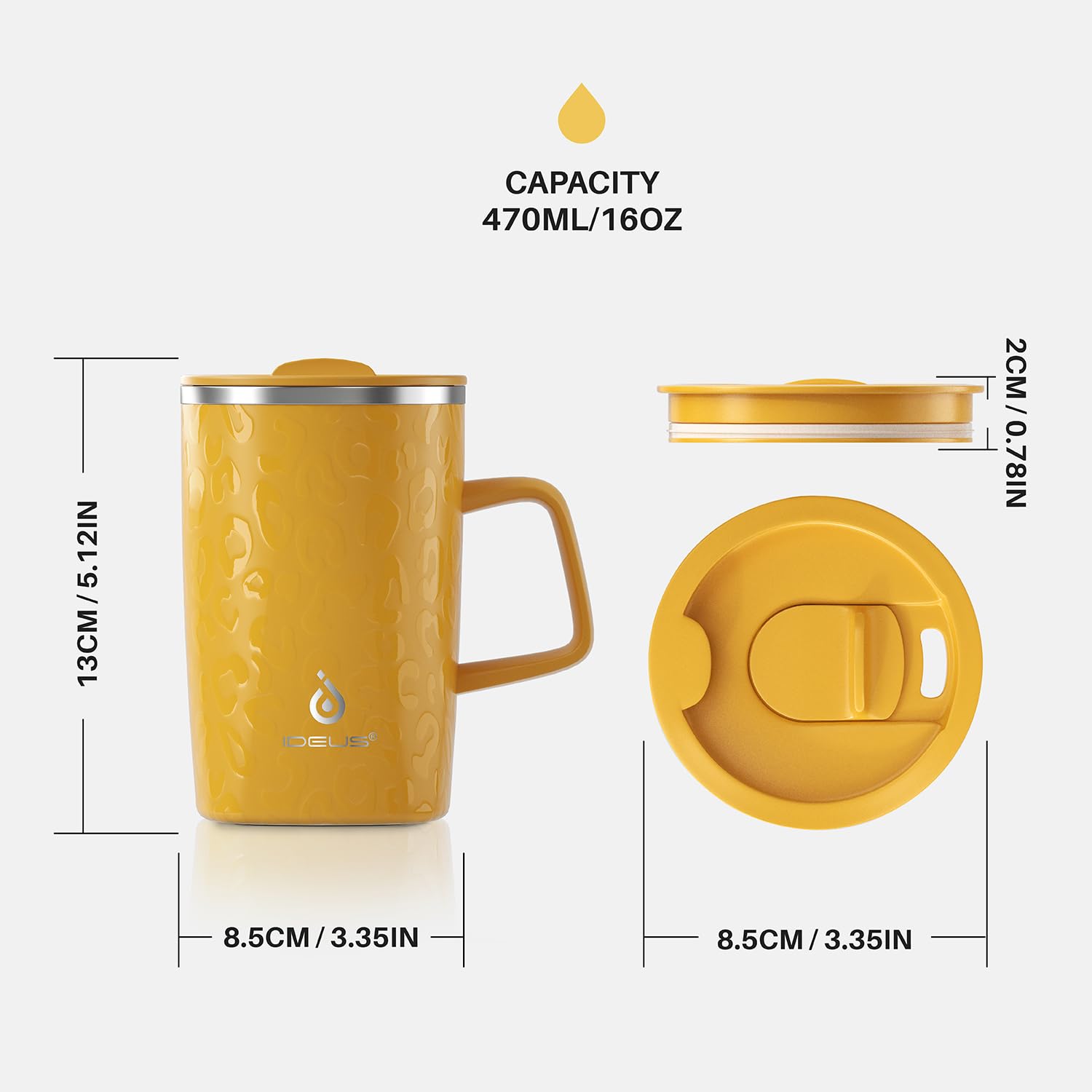 Ideus 16oz Insulated Coffee Mug with Handle & Lid – Double Wall Stainless Steel Vacuum Tumbler | Travel Coffee Cup for Home & Office | Leopard Black