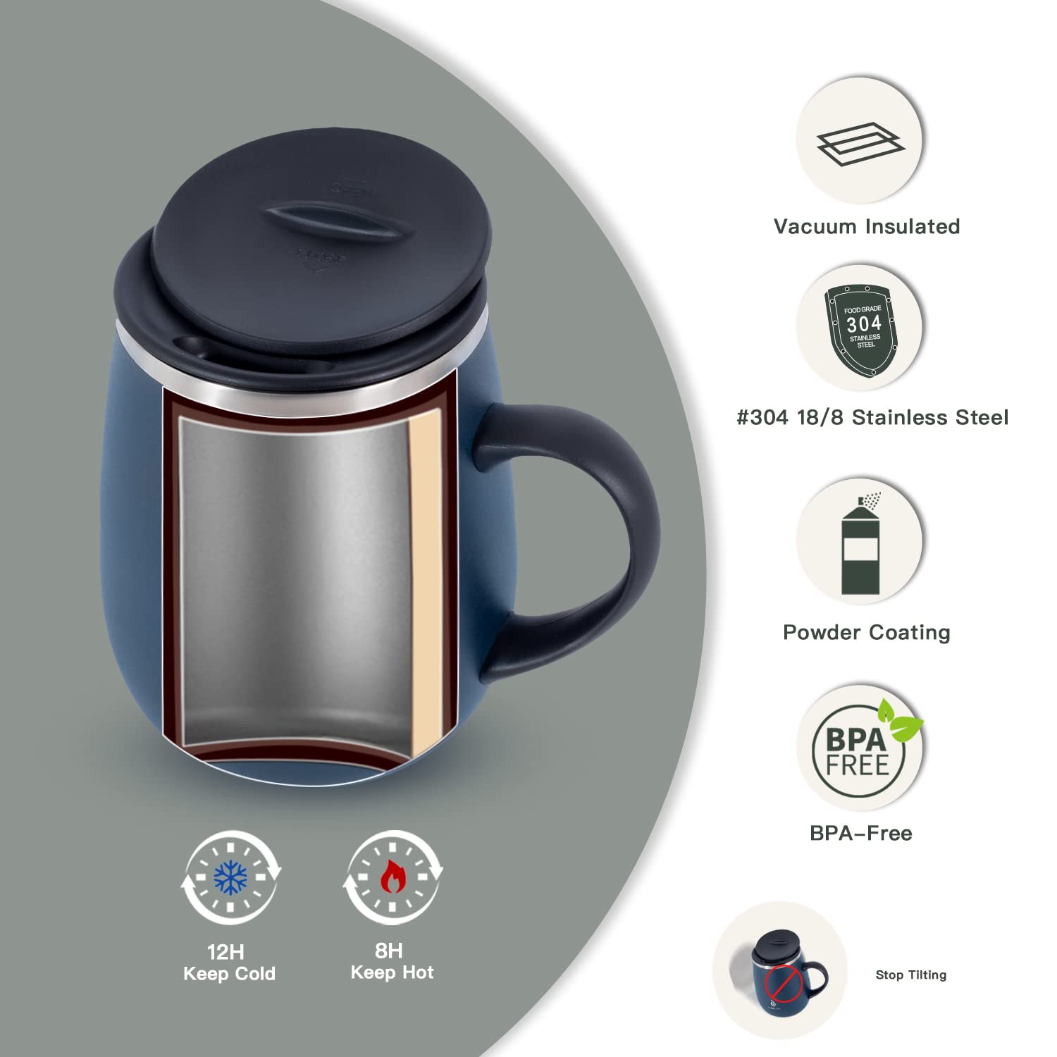 Ideus 16oz Insulated Coffee Mug with Handle & Lid – Double Wall Stainless Steel Vacuum Tumbler | Travel Coffee Cup for Home & Office | Leopard Black