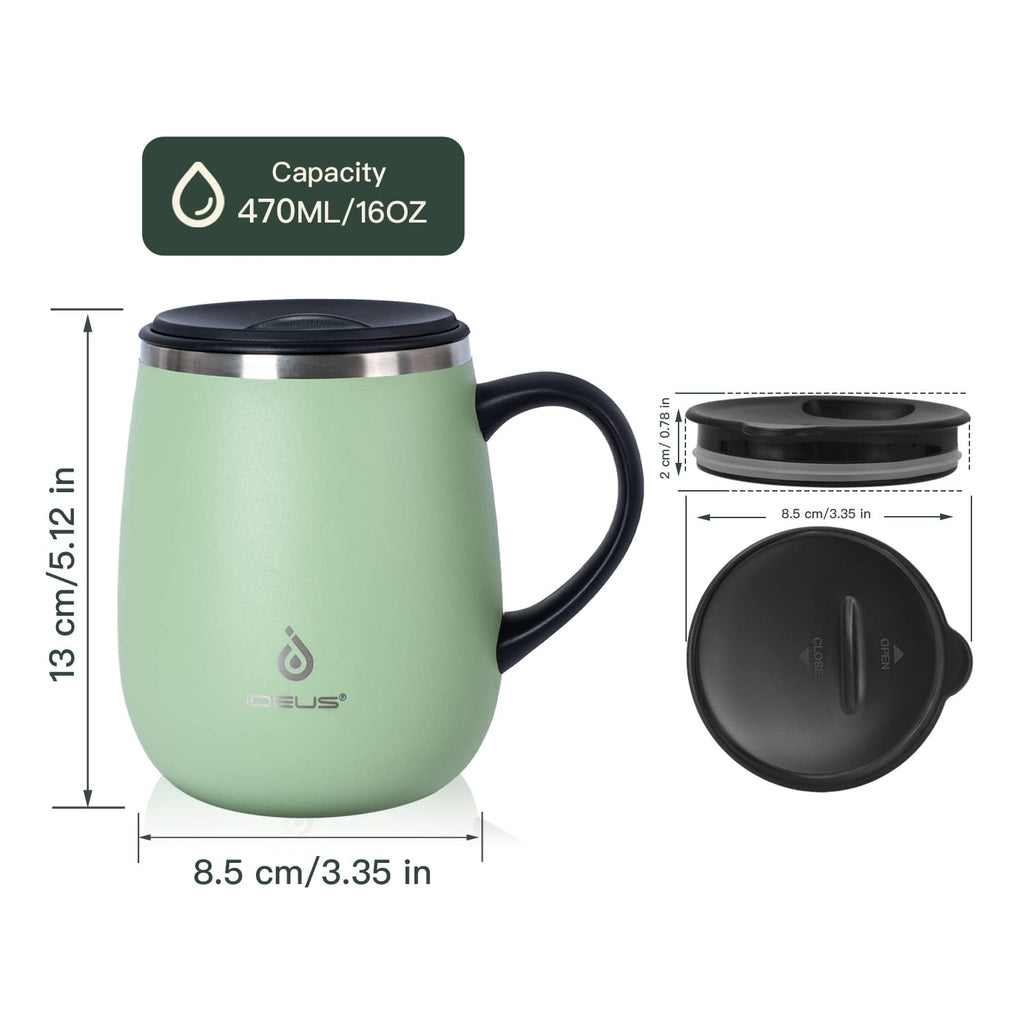 Ideus 16oz Insulated Coffee Mug with Handle & Lid – Double Wall Stainless Steel Vacuum Tumbler | Travel Coffee Cup for Home & Office | Leopard Black