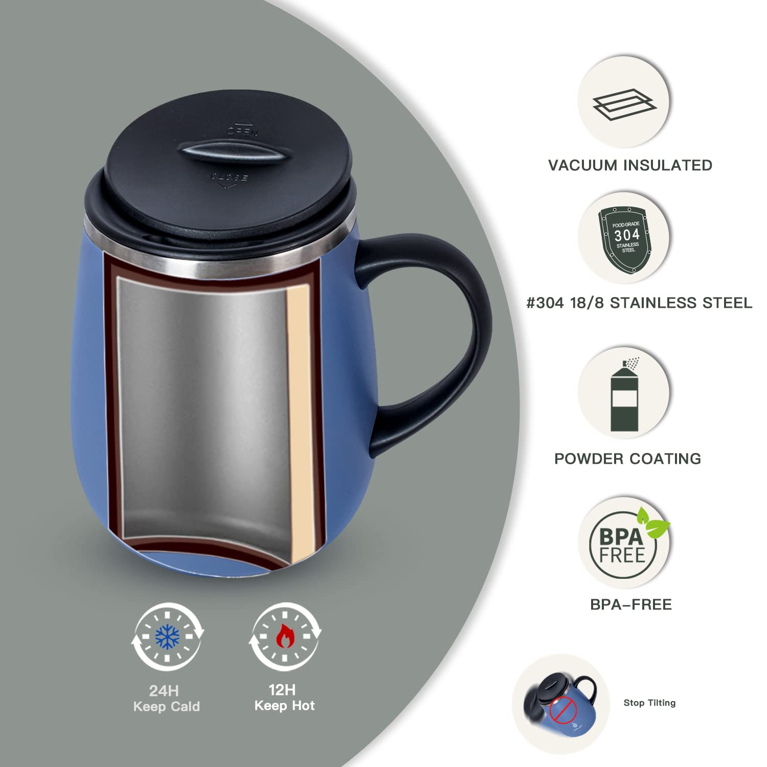 Ideus 16oz Insulated Coffee Mug with Handle & Lid – Double Wall Stainless Steel Vacuum Tumbler | Travel Coffee Cup for Home & Office | Leopard Black