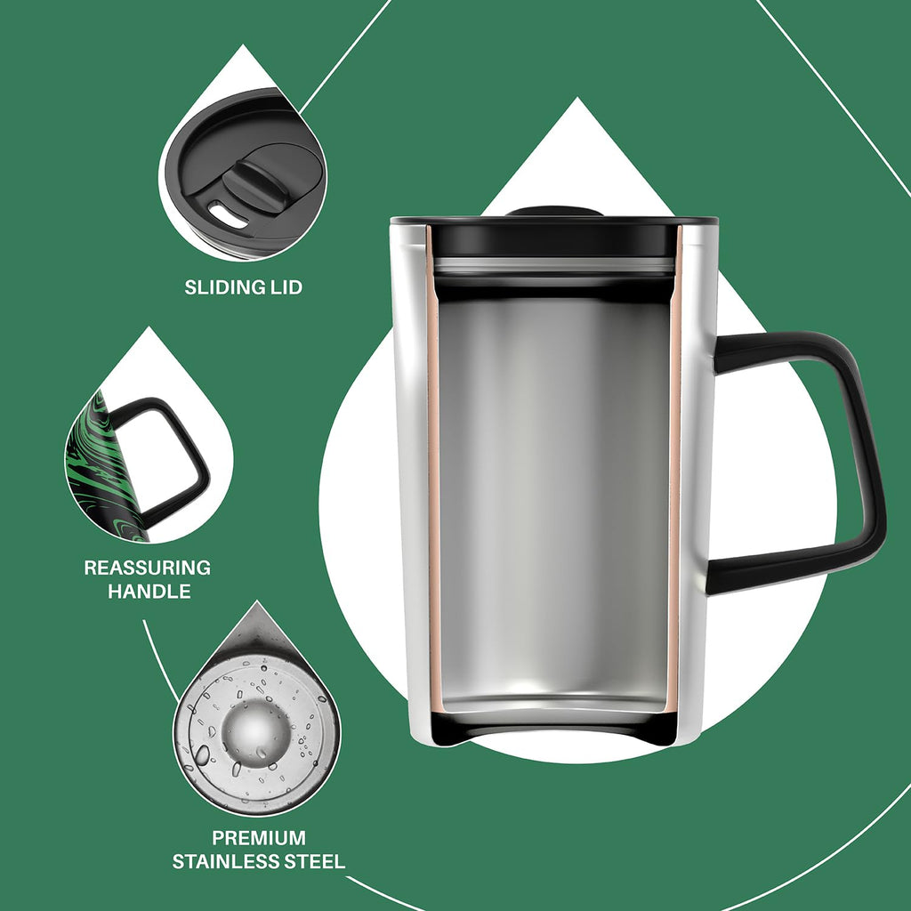 Ideus 16oz Insulated Coffee Mug with Handle & Lid – Double Wall Stainless Steel Vacuum Tumbler | Travel Coffee Cup for Home & Office | Leopard Black