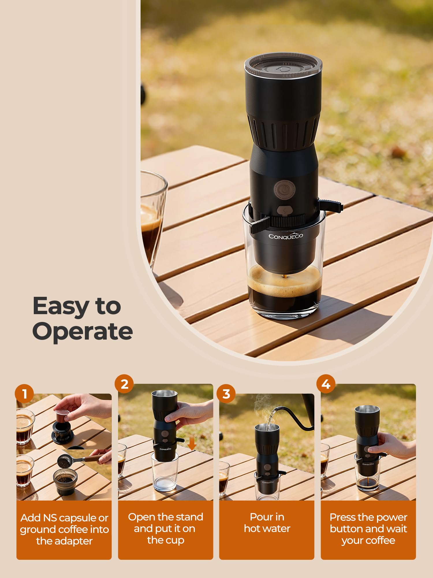 Mini Portable Coffee Maker: 160ml Travel Espresso Machine - Electric Coffee Brewer for Camping - Rechargeable Battery - 2 in 1 for Ground Coffee and NS Capsule Hiking Hotal (Not Self-heating) (WHITE)