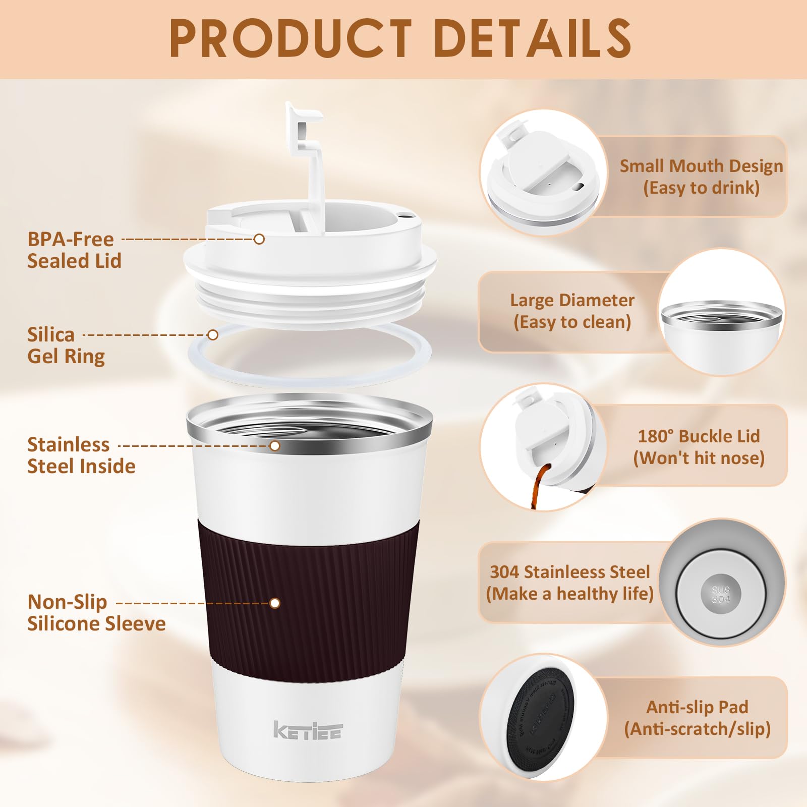 KETIEE Coffee Mug to Go – 380ml Double-Walled Vacuum Insulated Travel Mug | Leak-Proof Lid | Grass Green