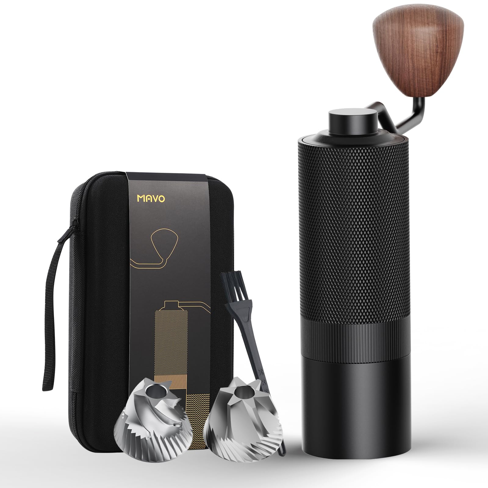 A black manual coffee grinder with a wooden handle, shown alongside its black carrying case, two silver metal burrs, and a black fork on a clean white background.