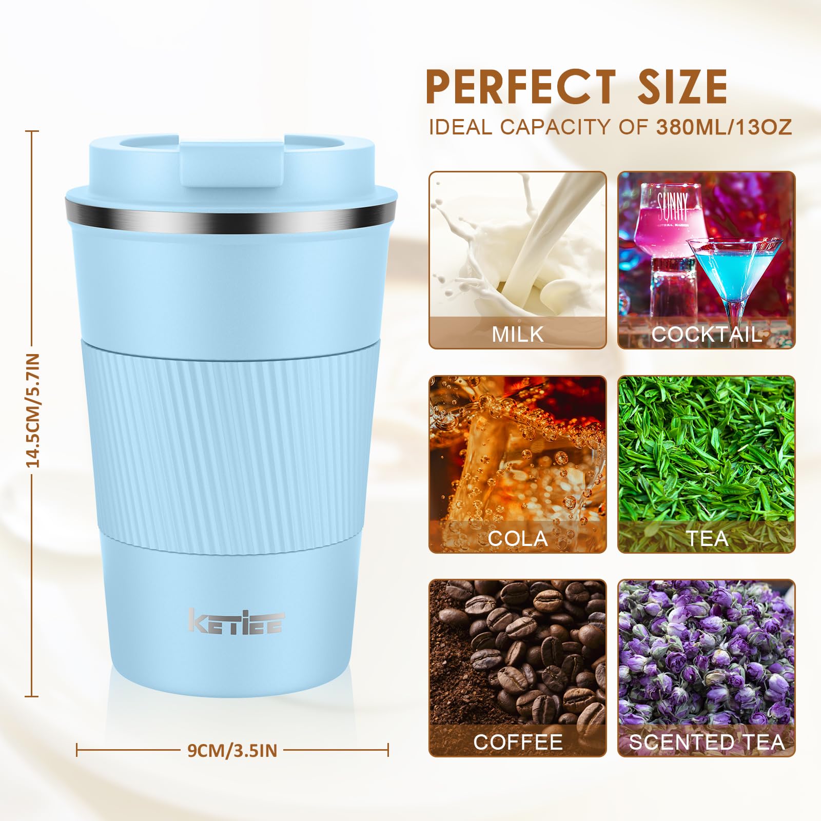 KETIEE Coffee Mug to Go – 380ml Double-Walled Vacuum Insulated Travel Mug | Leak-Proof Lid | Grass Green