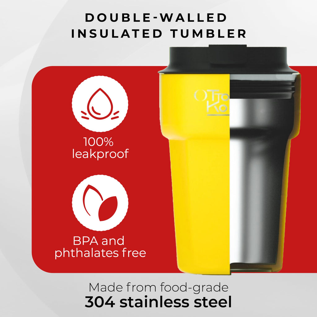Otto Koning Travel Mug 12oz (350ml)- Leakproof Stainless Steel Coffee Cup | Thermal Flask for Hot Drinks (4h) | Fits Car Holder, BPA Free & Anti-Slip | The Smart Choice for Commute
