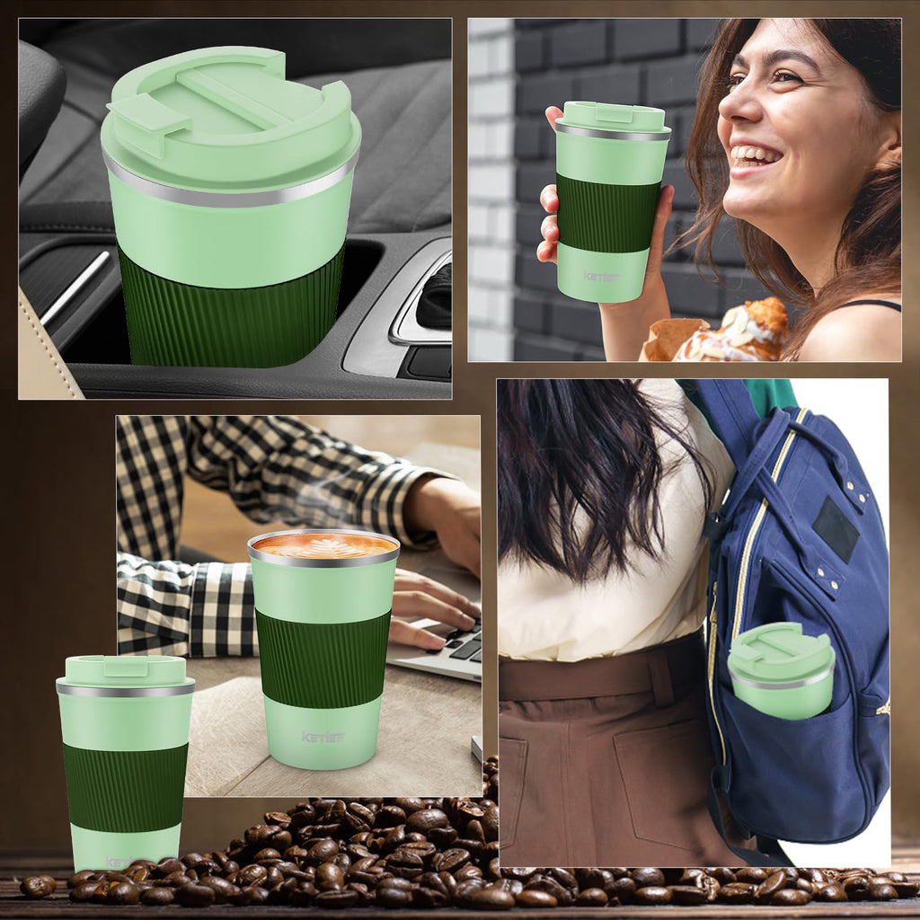 KETIEE Coffee Mug to Go – 380ml Double-Walled Vacuum Insulated Travel Mug | Leak-Proof Lid | Grass Green
