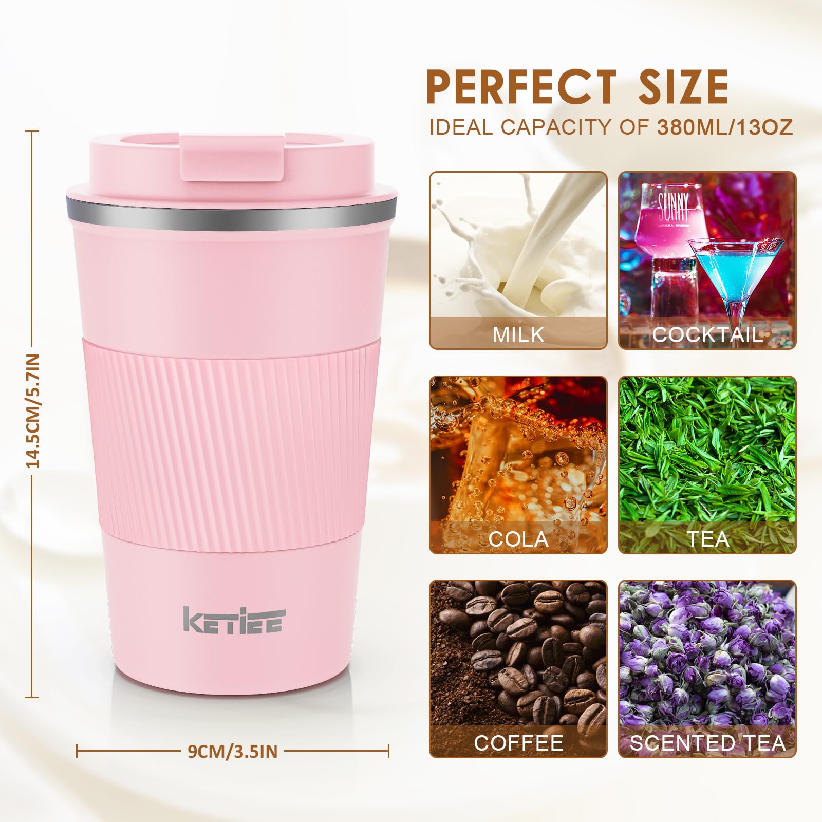 KETIEE Coffee Mug to Go – 380ml Double-Walled Vacuum Insulated Travel Mug | Leak-Proof Lid | Grass Green