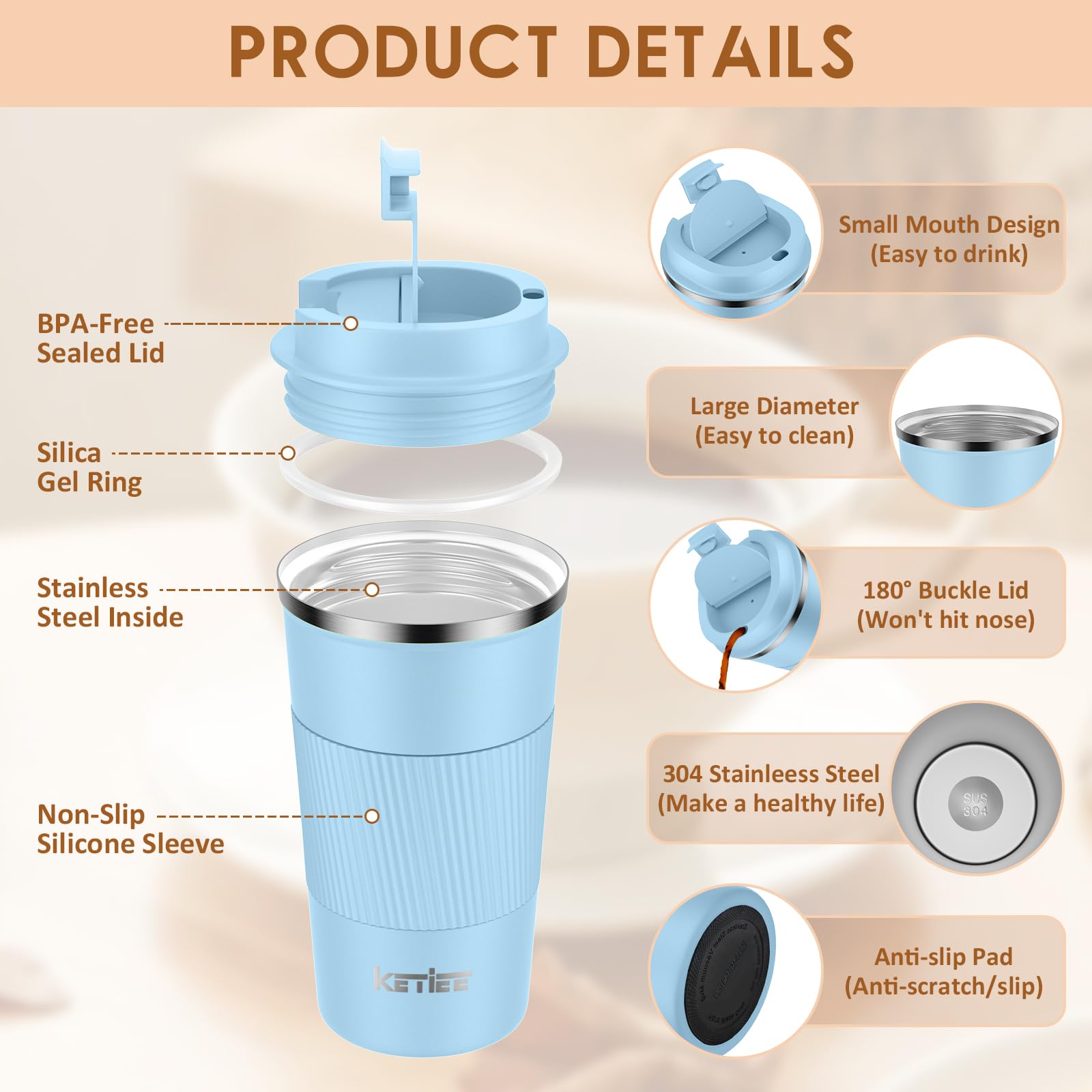 KETIEE Coffee Mug to Go – 380ml Double-Walled Vacuum Insulated Travel Mug | Leak-Proof Lid | Grass Green