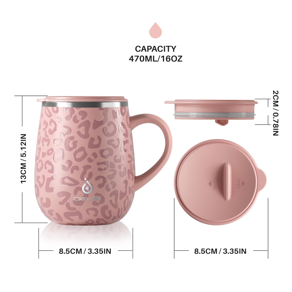 Ideus 16oz Insulated Coffee Mug with Handle & Lid – Double Wall Stainless Steel Vacuum Tumbler | Travel Coffee Cup for Home & Office | Leopard Black