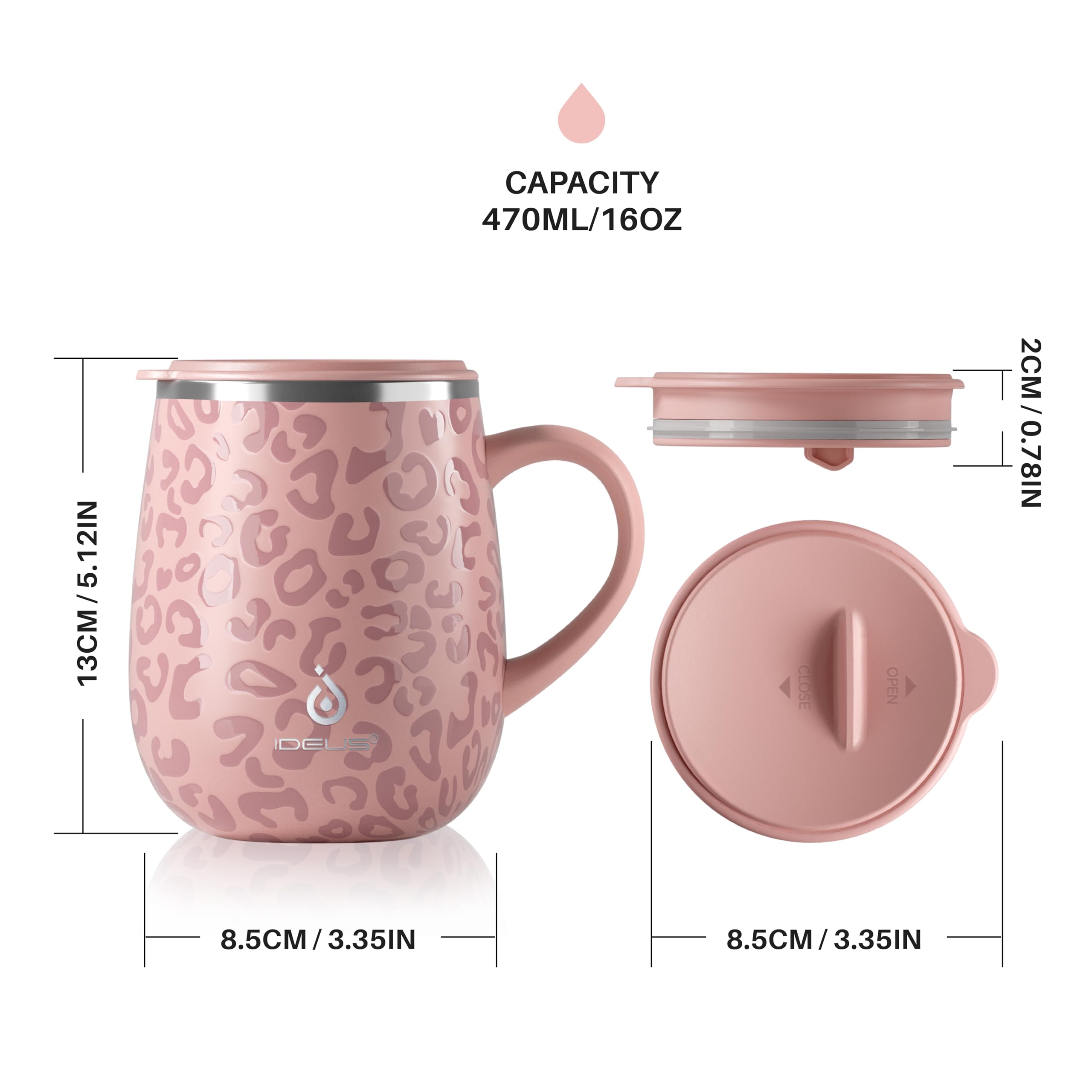 Ideus 16oz Insulated Coffee Mug with Handle & Lid – Double Wall Stainless Steel Vacuum Tumbler | Travel Coffee Cup for Home & Office | Leopard Black