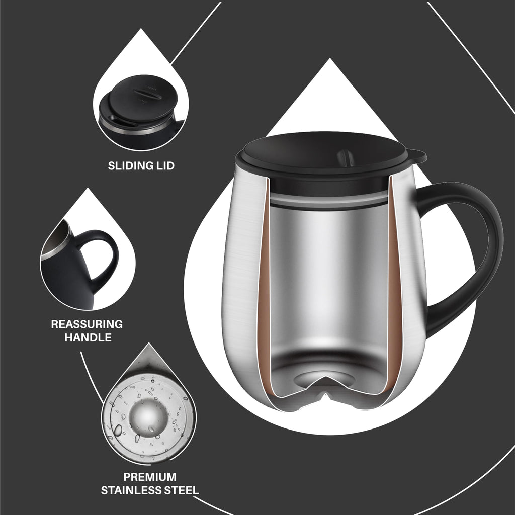 Ideus 16oz Insulated Coffee Mug with Handle & Lid – Double Wall Stainless Steel Vacuum Tumbler | Travel Coffee Cup for Home & Office | Leopard Black