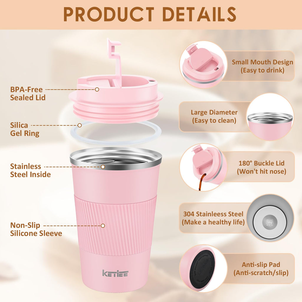 KETIEE Coffee Mug to Go – 380ml Double-Walled Vacuum Insulated Travel Mug | Leak-Proof Lid | Grass Green