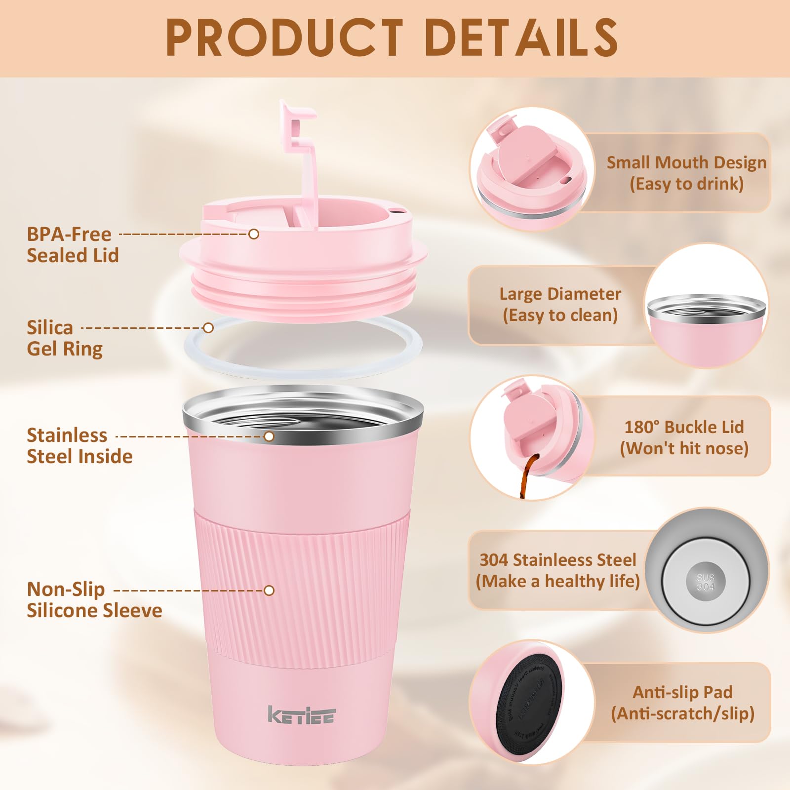 KETIEE Coffee Mug to Go – 380ml Double-Walled Vacuum Insulated Travel Mug | Leak-Proof Lid | Grass Green
