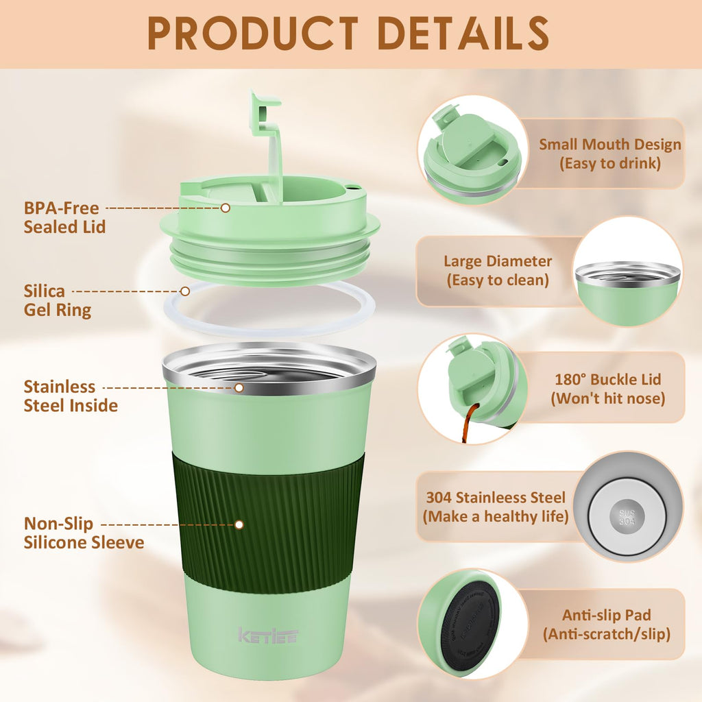 KETIEE Coffee Mug to Go – 380ml Double-Walled Vacuum Insulated Travel Mug | Leak-Proof Lid | Grass Green