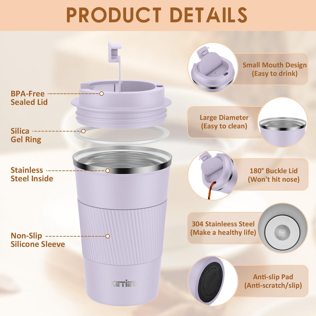 KETIEE Coffee Mug to Go – 380ml Double-Walled Vacuum Insulated Travel Mug | Leak-Proof Lid | Grass Green