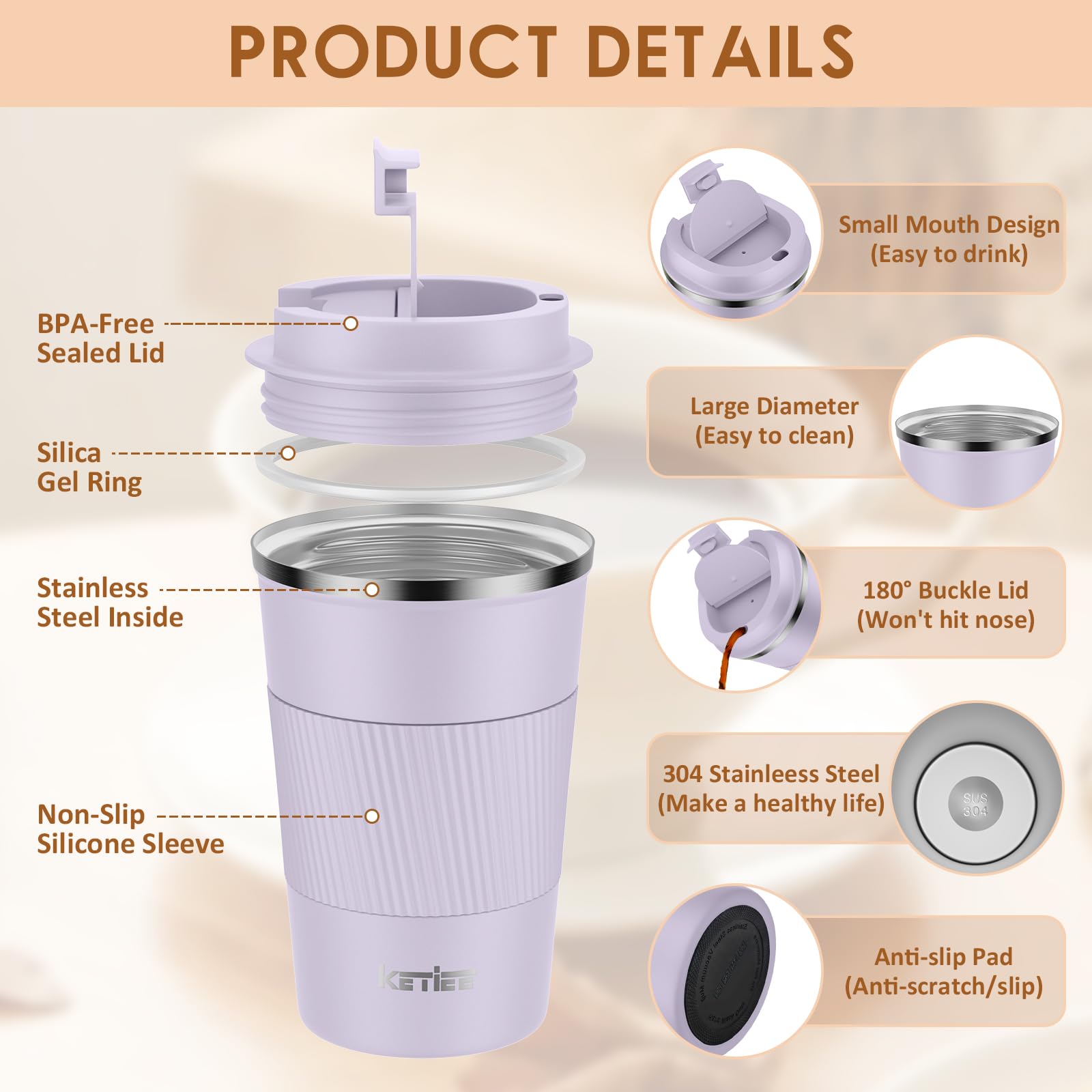 KETIEE Coffee Mug to Go – 380ml Double-Walled Vacuum Insulated Travel Mug | Leak-Proof Lid | Grass Green