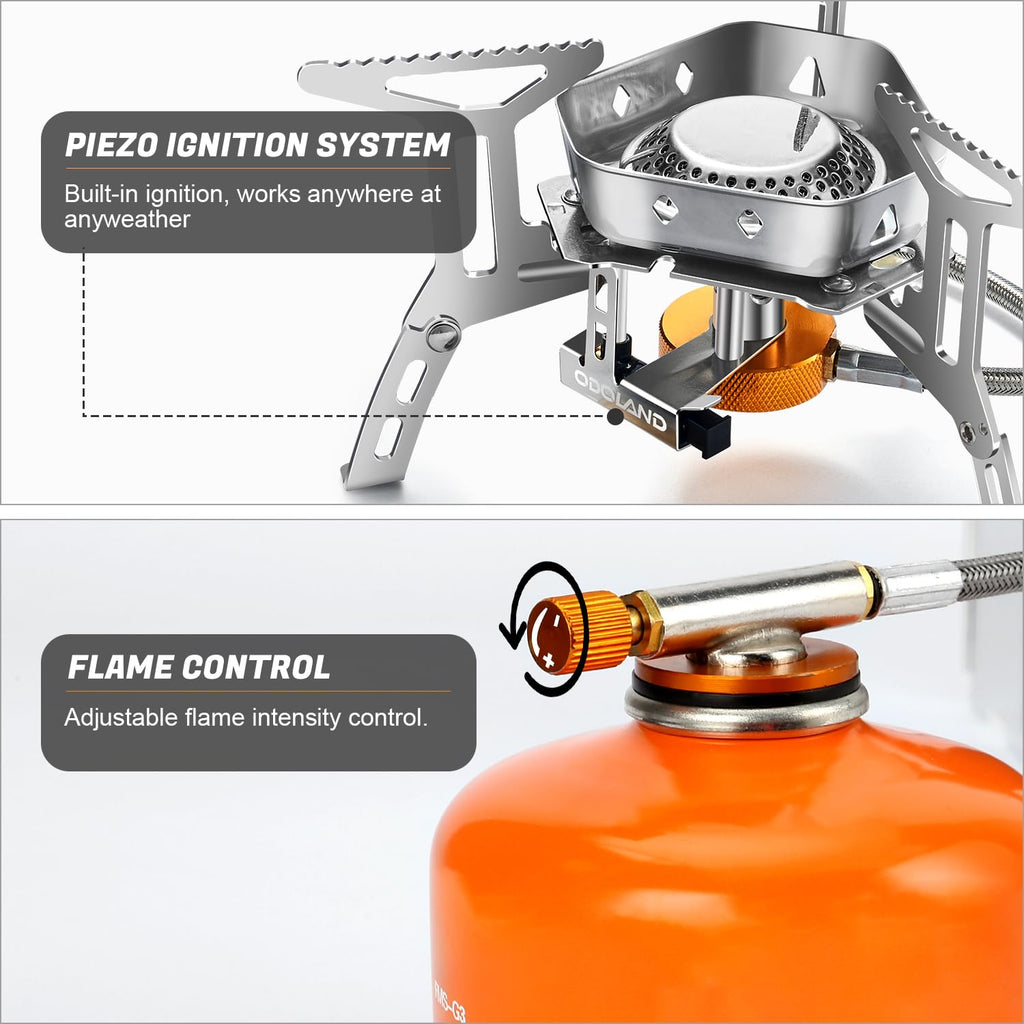 Odoland 3500W Windproof Camping Gas Stove Portable Collapsible Outdoor Camping Stove with Piezo Ignition Backpacking Stove for Outdoor Cooking Hiking Picnic and Trekking