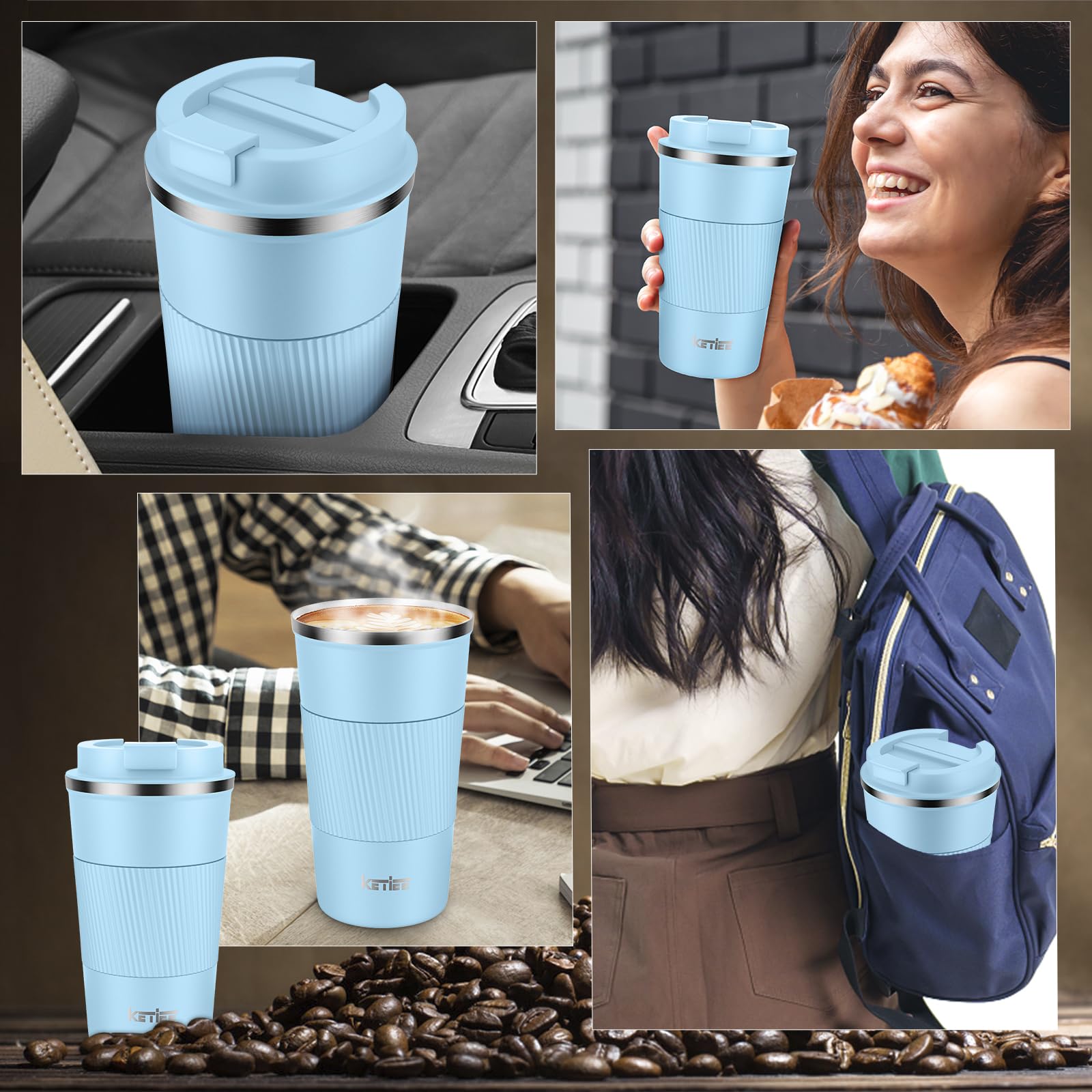 KETIEE Coffee Mug to Go – 380ml Double-Walled Vacuum Insulated Travel Mug | Leak-Proof Lid | Grass Green