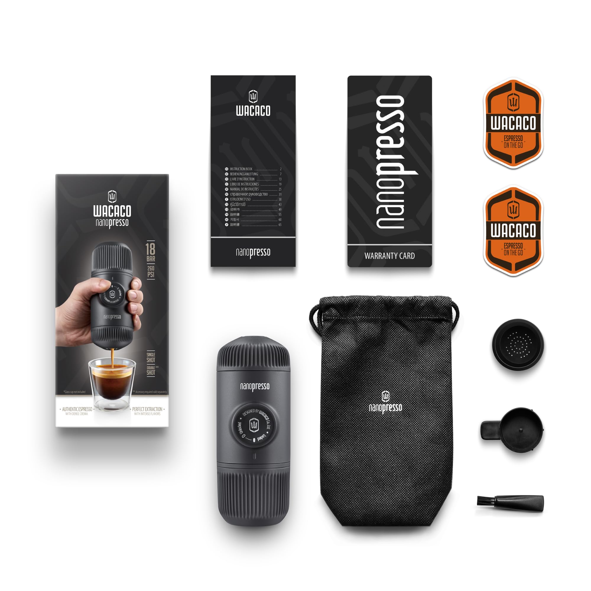 WACACO Nanopresso Portable Espresso Maker, Upgrade Version of Minipresso, 18 Bar Pressure, Yellow Patrol Edition, Small Travel Coffee Maker, Manually Operated, Compatible with Ground Coffee