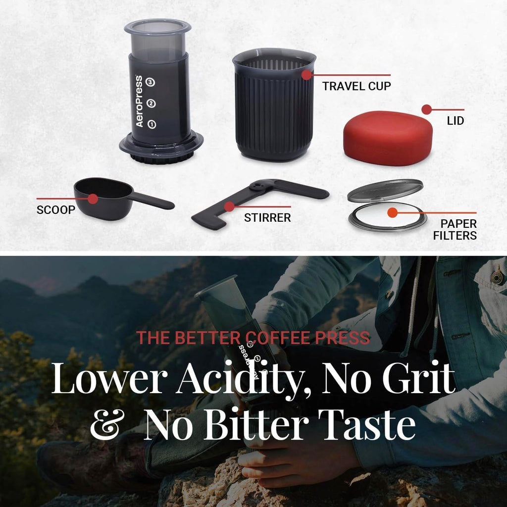 Aeropress Go Portable Travel Coffee Press Kit, 1-3 Cups in a Minute, Coffee, Espresso, & Cold Brew Maker, Manual Coffee Making Machine for Travel, Includes Mug & Lid, Grey