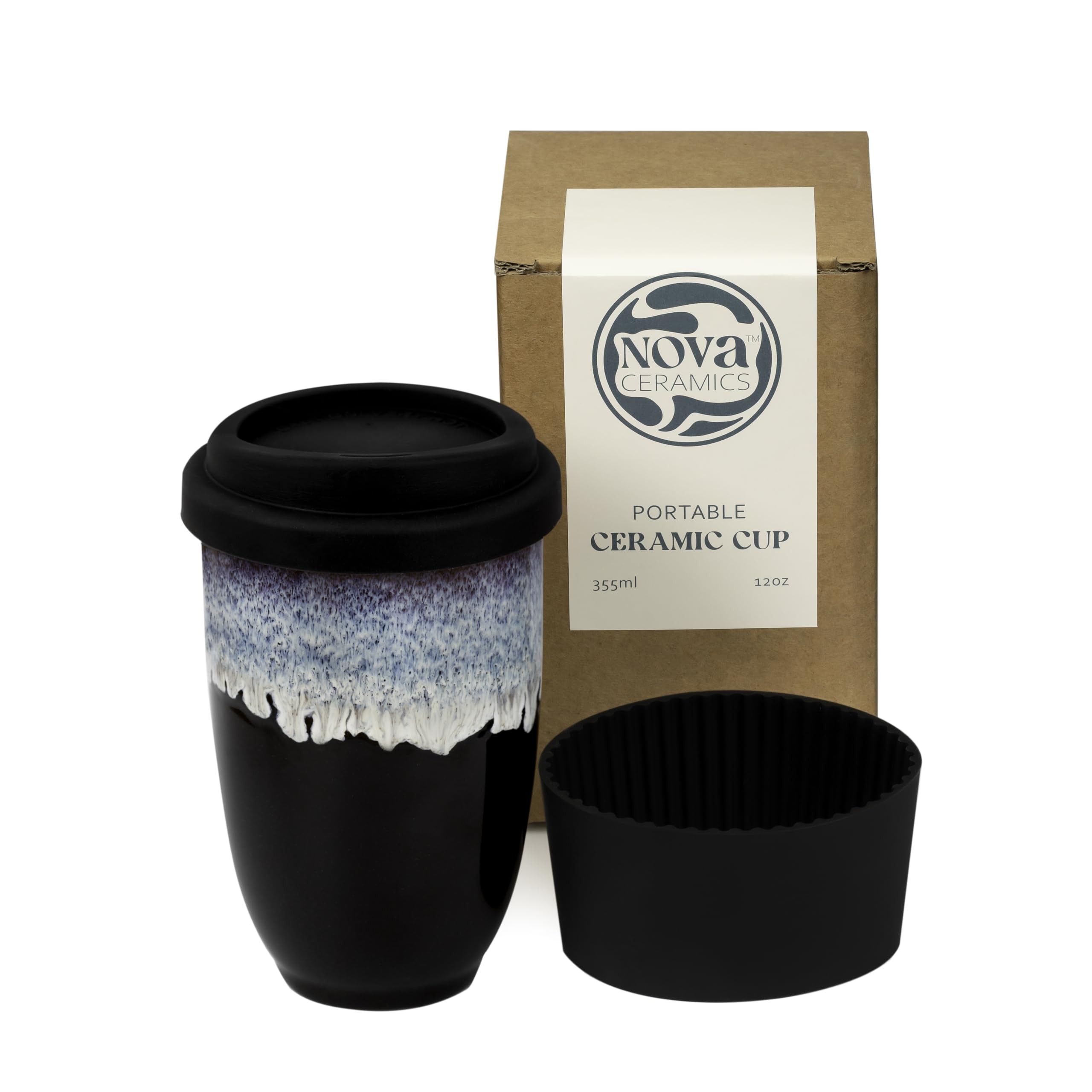 Black ceramic cup with a gradient design and matching black lid, accompanied by a Nova Ceramics packaging box.