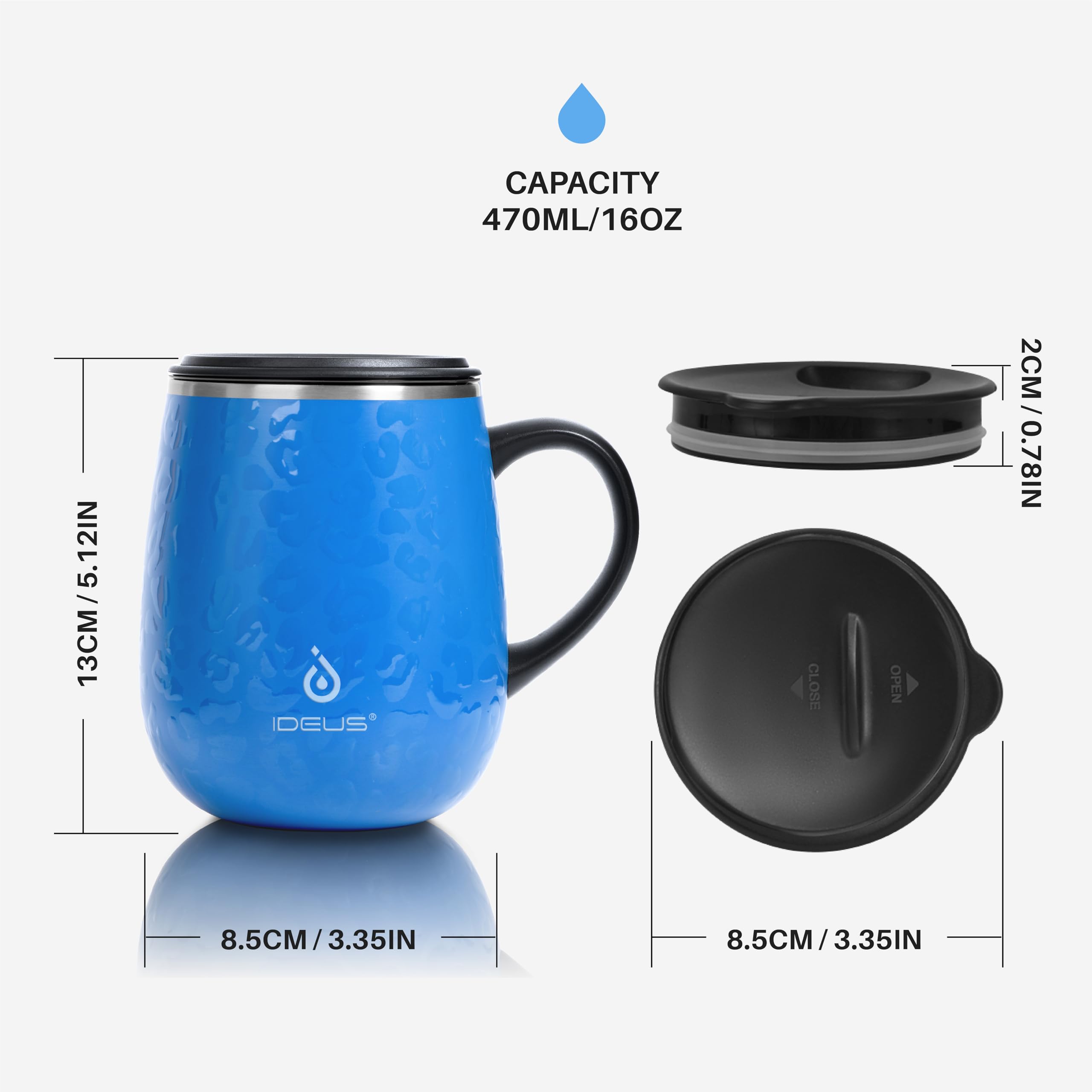 Ideus 16oz Insulated Coffee Mug with Handle & Lid – Double Wall Stainless Steel Vacuum Tumbler | Travel Coffee Cup for Home & Office | Leopard Black