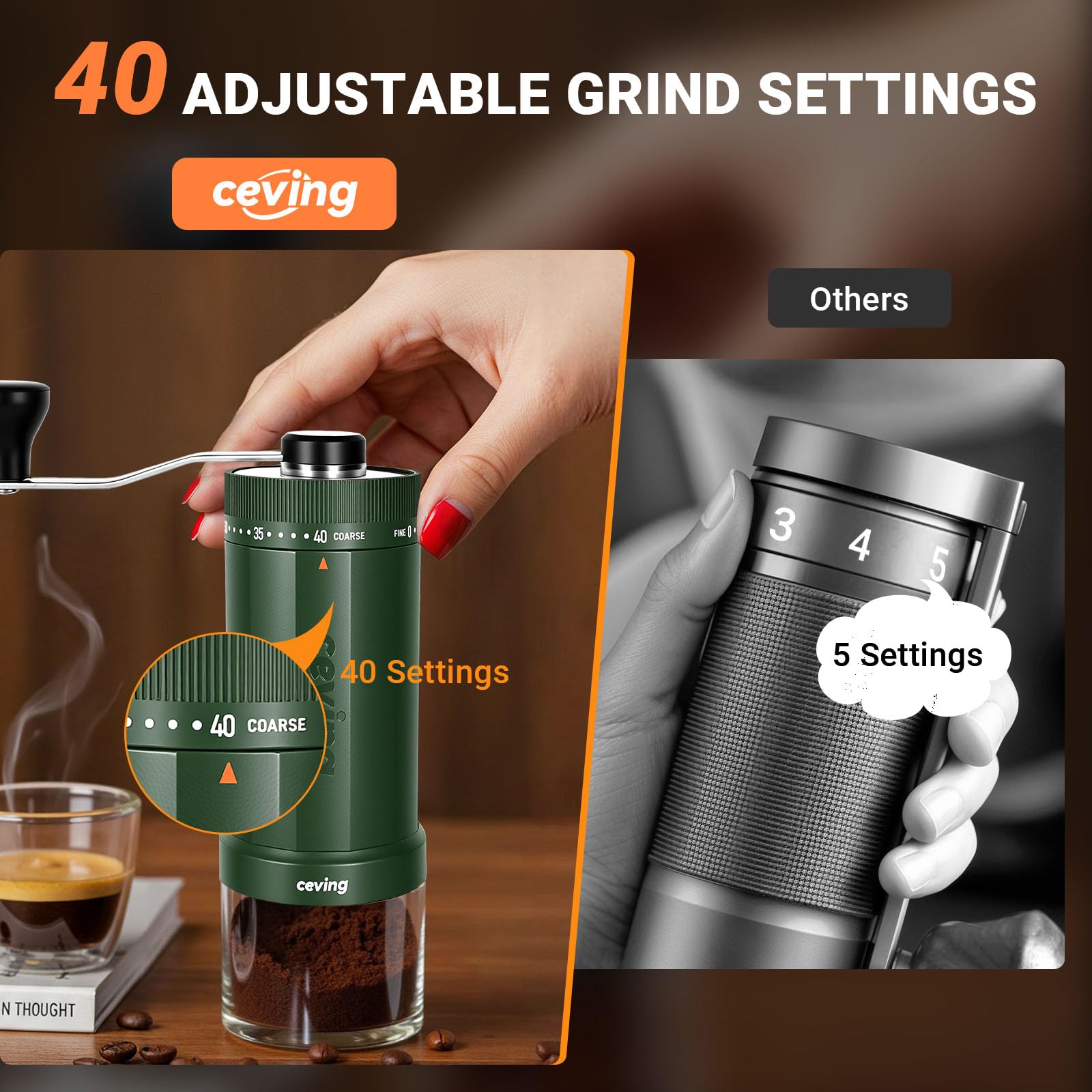 Large Capacity Manual Coffee Grinder – 60g Hand Grinder with 40 Grind Settings | Travel Coffee Gear